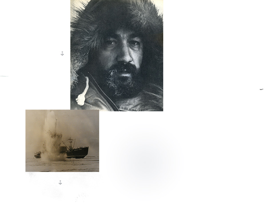 background with the photo of Arthur Chilingarov and some kind of a soviet icebreaker ship, taken from a newspaper of that times